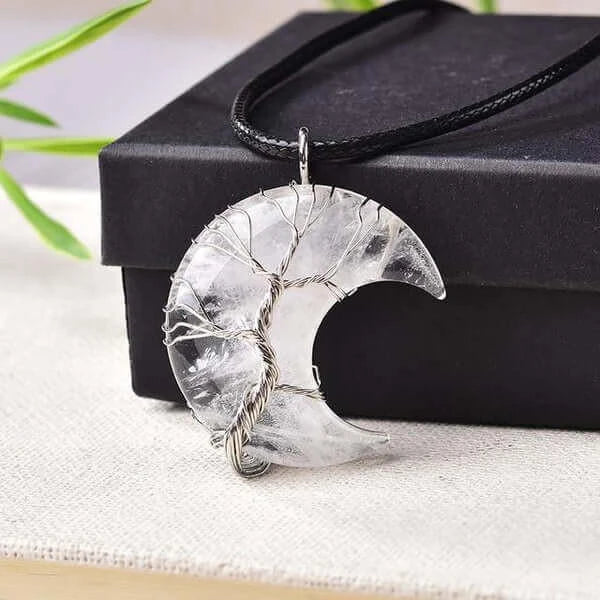 Collier pendentif lune croissante en cristal - Pendentif arbre de vie avec pierres serties de fil