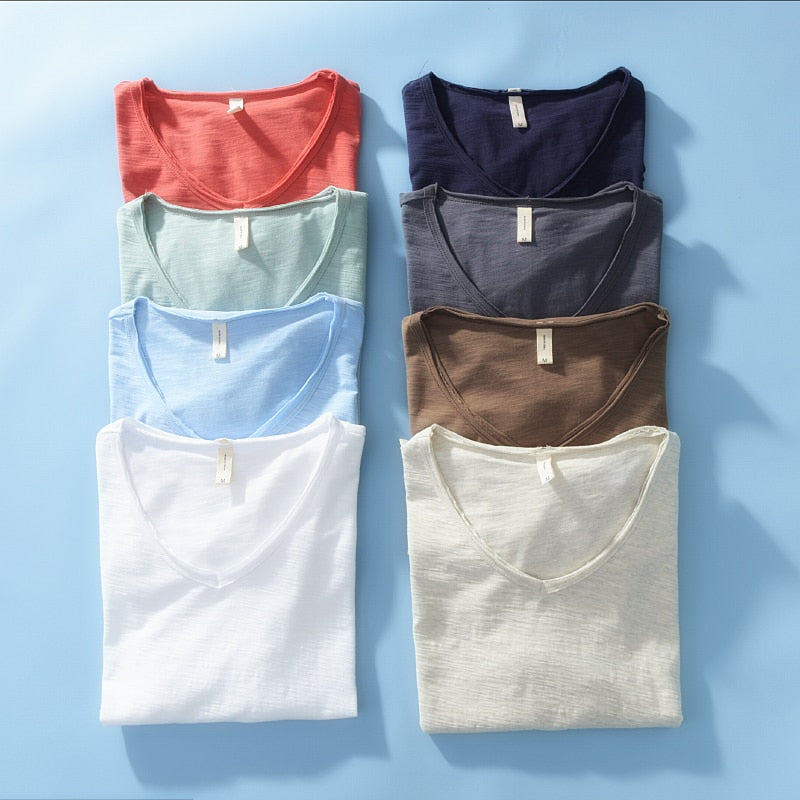 T-shirt à col en V pour homme – mélange de lin et coton à coupe ajustée et respirante