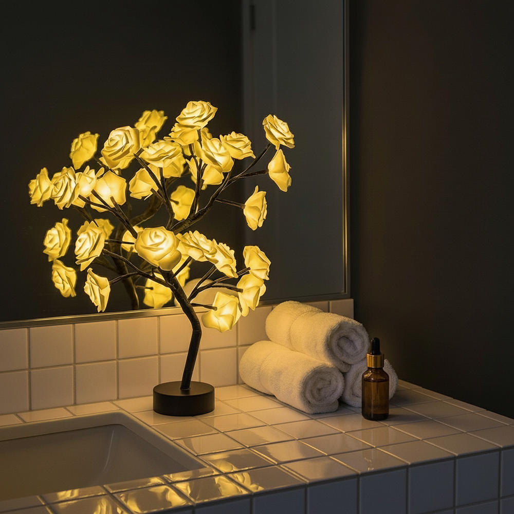 Rozenboomlamp met lichtjes - boom voor op tafel met oplichtende rozenbloesems