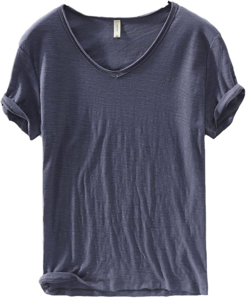 T-shirt à col en V pour homme – mélange de lin et coton à coupe ajustée et respirante
