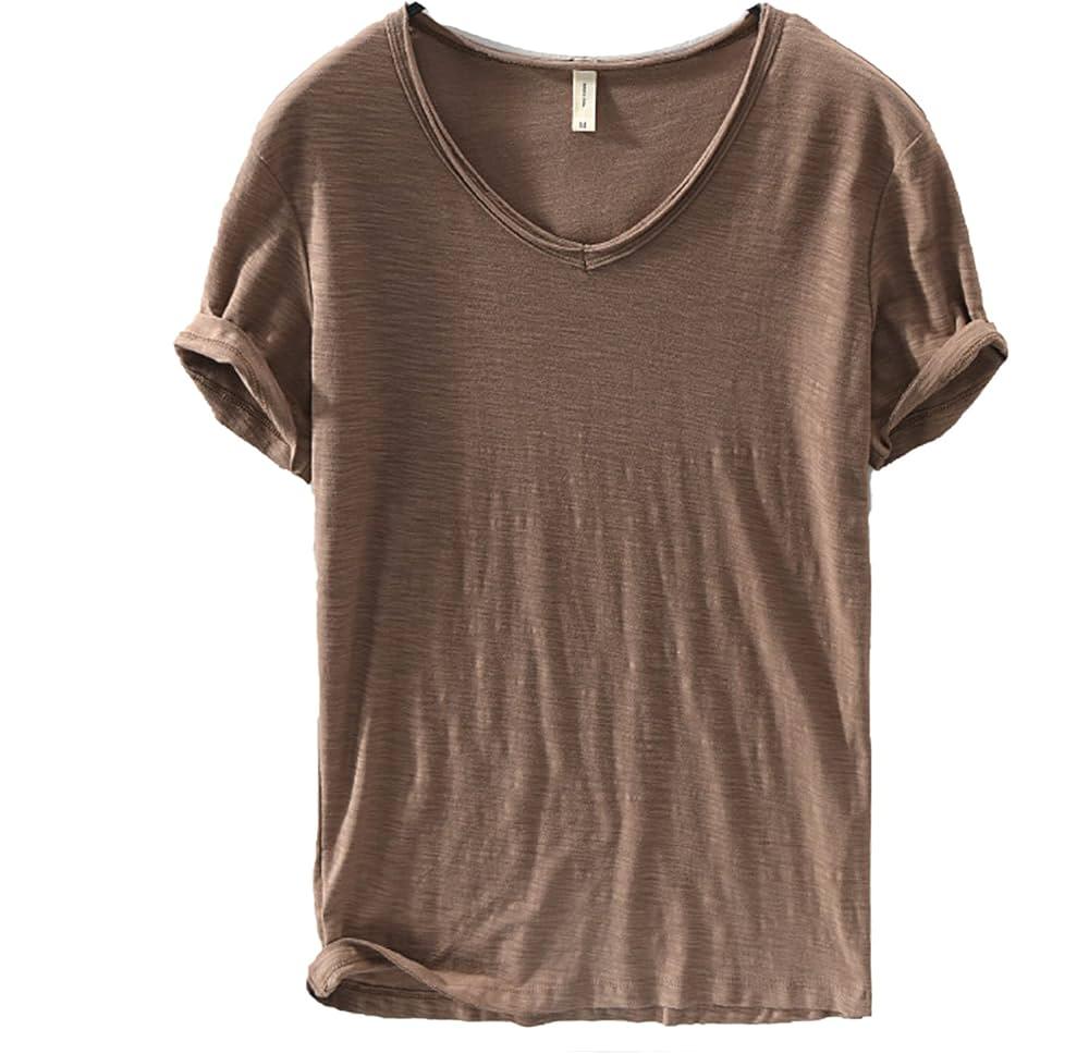 T-shirt à col en V pour homme – mélange de lin et coton à coupe ajustée et respirante