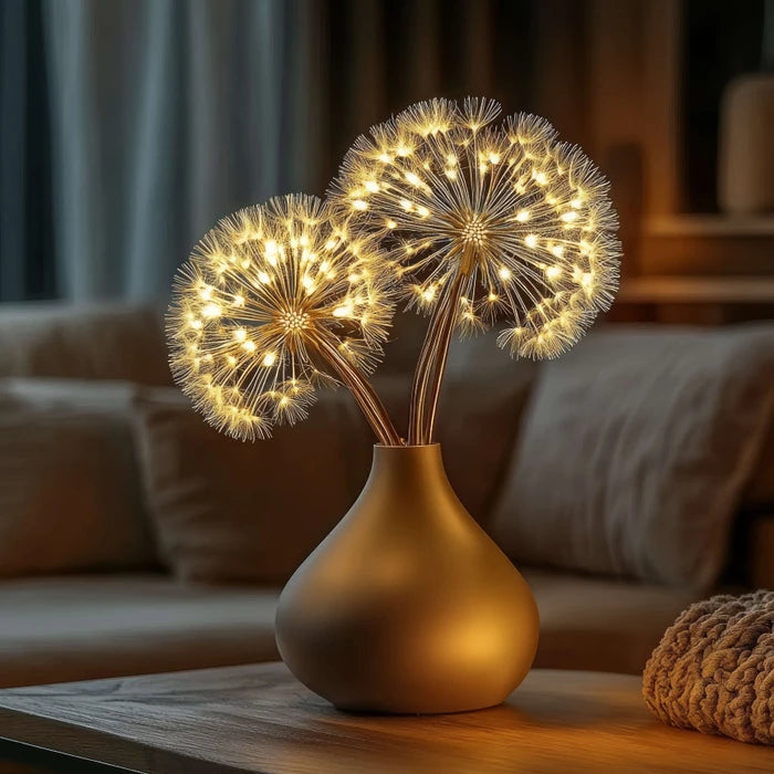 Verlichte paardenbloemtak als decoratie – gloeiende zaadbolletjes voor thuis of evenementen