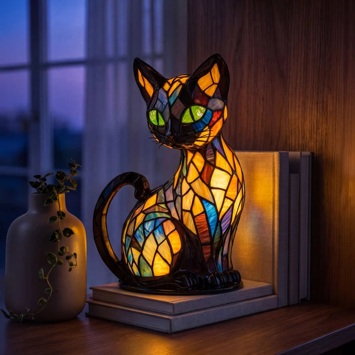 Glas-in-loodlamp in de vorm van een kat – decoratieve tafellamp met een warme, veelkleurige gloed