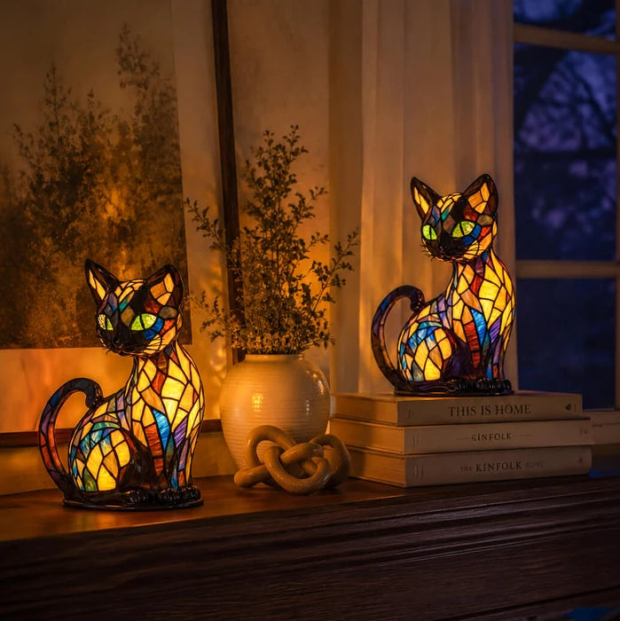 Glas-in-loodlamp in de vorm van een kat – decoratieve tafellamp met een warme, veelkleurige gloed