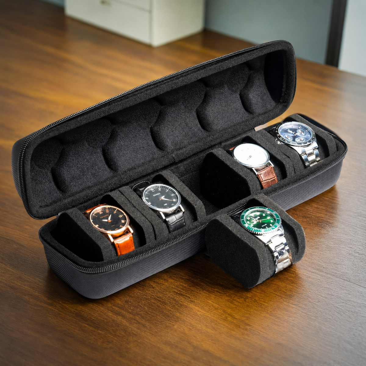 Étui de voyage pour montres – Organiseur rigide à 5 compartiments avec coussinets souples