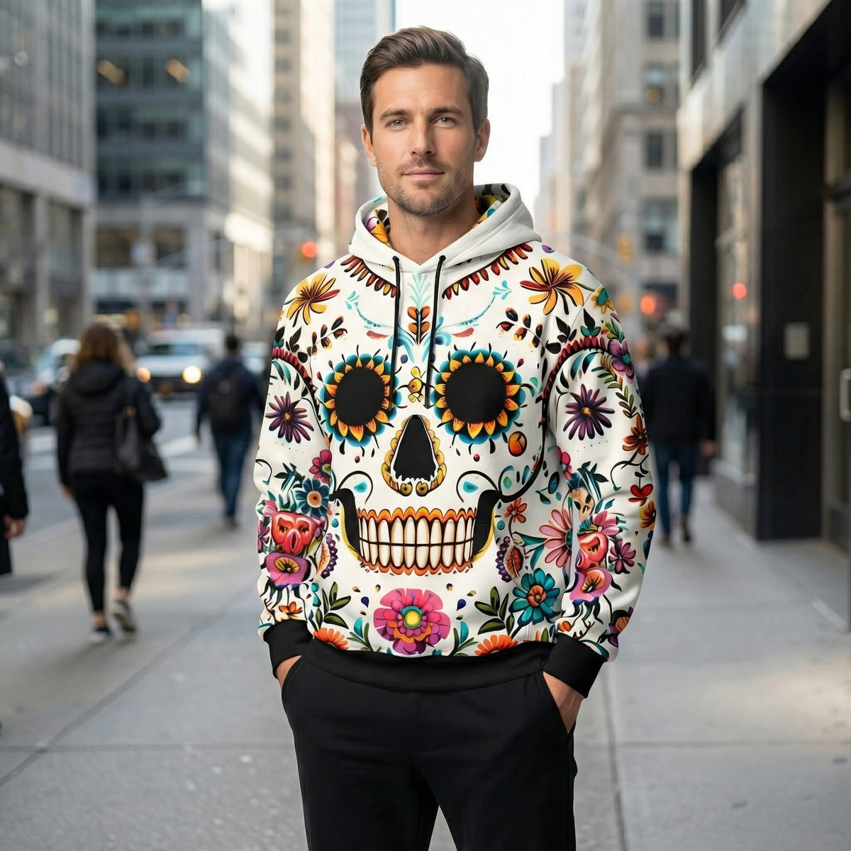 Floral Skull Hoodie – Full-Print Graphic Pullover with Midweight Comfort
