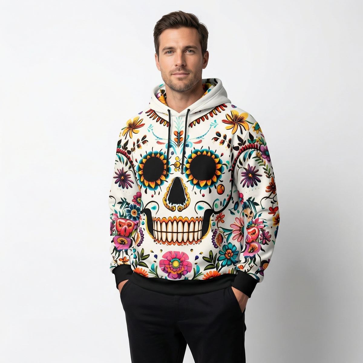 Sweat à Capuche Crâne Floral – Imprimé Intégral avec Confort Mi-Lourd