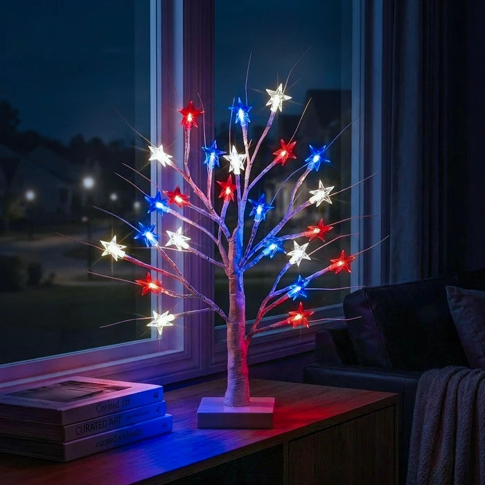 Berkenboomlamp voor op tafel - rode, witte en blauwe sterren op verlichte takken
