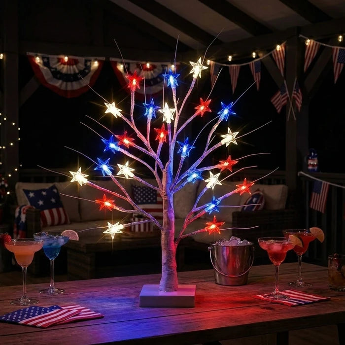 Berkenboomlamp voor op tafel - rode, witte en blauwe sterren op verlichte takken
