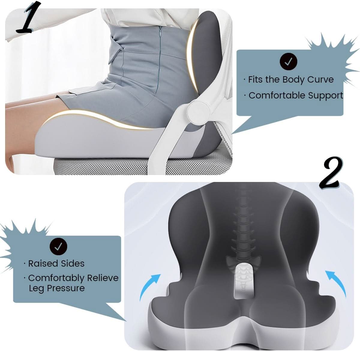 Ergonomic Seat Cushion – Memory Foam Comfort with Non-Slip Base & Washable Cover