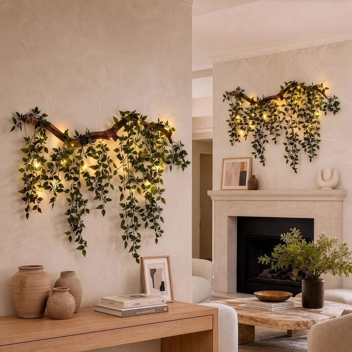 Verlichte bladtak als wanddecoratie – tak met bladeren en lichtjes voor binnenmuren