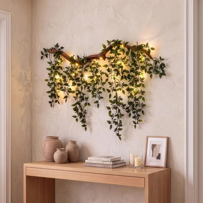 Verlichte bladtak als wanddecoratie – tak met bladeren en lichtjes voor binnenmuren