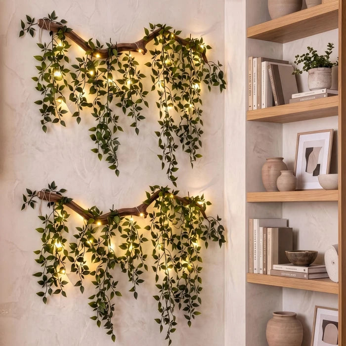 Verlichte bladtak als wanddecoratie – tak met bladeren en lichtjes voor binnenmuren