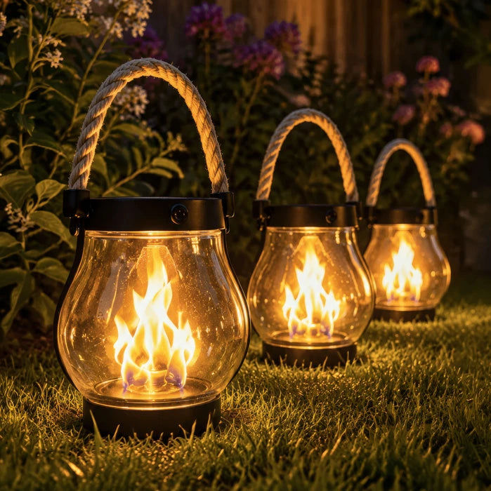 Lantaarn met vlameffect op zonne-energie – heldere lantaarn met flikkerend licht en handvat van henneptouw