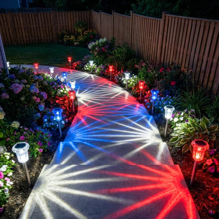 Patriottische solarlampjes voor in de grond - rode, witte en blauwe gloed voor gazons en paden