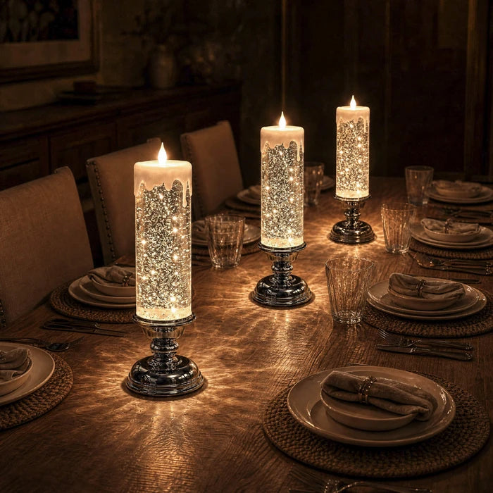 LED-glitterkaars – vlamloze kaars met wervelende glitters en een warme gloed