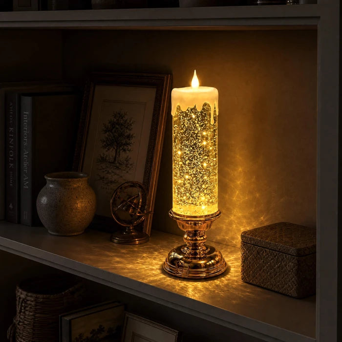 LED-glitterkaars – vlamloze kaars met wervelende glitters en een warme gloed