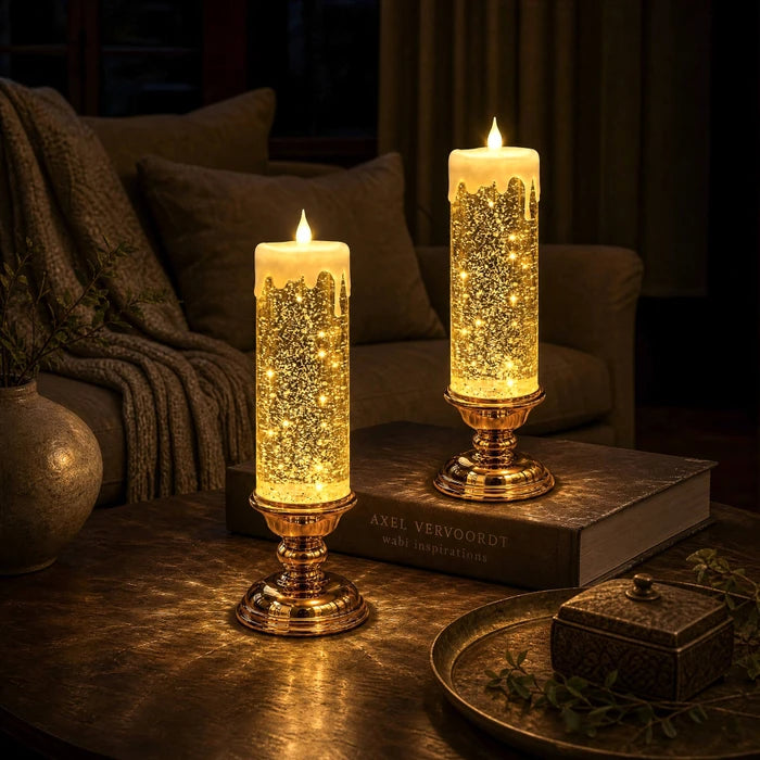 LED-glitterkaars – vlamloze kaars met wervelende glitters en een warme gloed