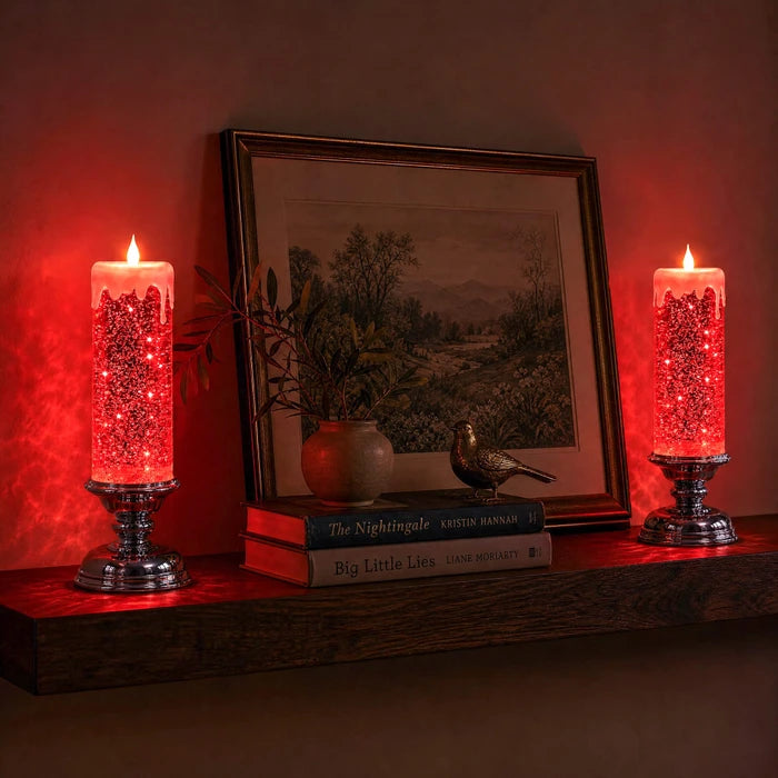 LED-glitterkaars – vlamloze kaars met wervelende glitters en een warme gloed