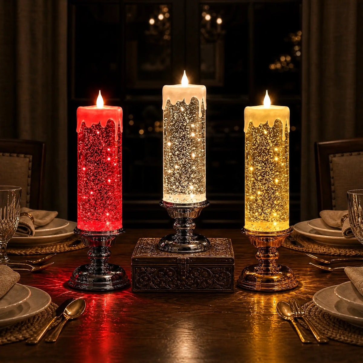 LED-glitterkaars – vlamloze kaars met wervelende glitters en een warme gloed