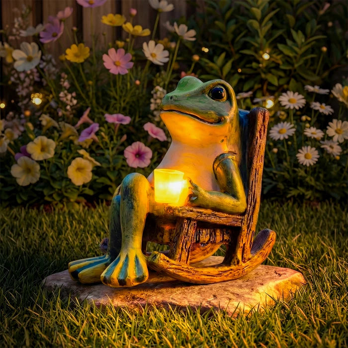 Oplichtend kikkerbeeld voor in de tuin – kikkerfiguur met een verlichte beker