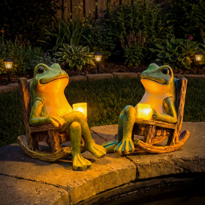 Oplichtend kikkerbeeld voor in de tuin – kikkerfiguur met een verlichte beker