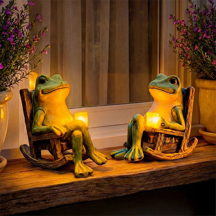 Oplichtend kikkerbeeld voor in de tuin – kikkerfiguur met een verlichte beker