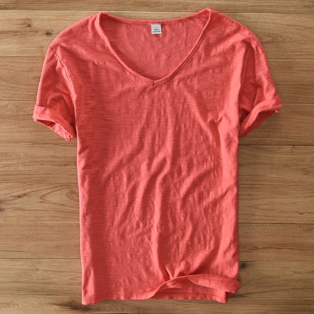 T-shirt à col en V pour homme – mélange de lin et coton à coupe ajustée et respirante