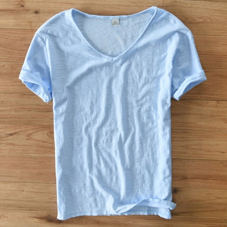 T-shirt à col en V pour homme – mélange de lin et coton à coupe ajustée et respirante