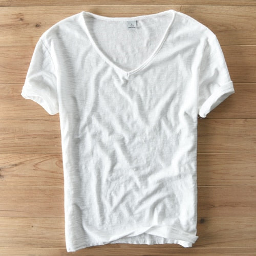 T-shirt à col en V pour homme – mélange de lin et coton à coupe ajustée et respirante