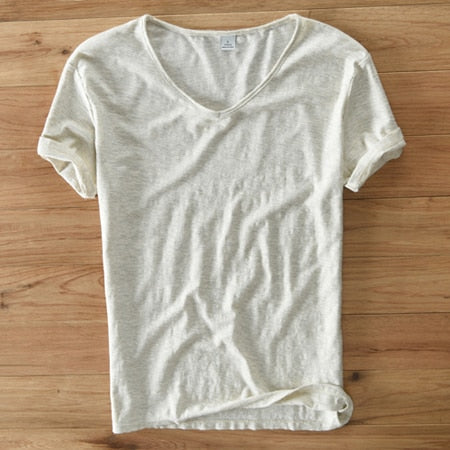 T-shirt à col en V pour homme – mélange de lin et coton à coupe ajustée et respirante