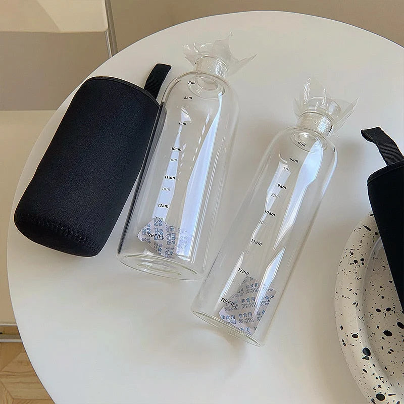 Heat-Resistant Glass Water Bottle – Time Scale Design 6