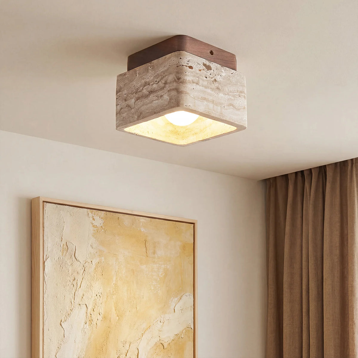Kairi Square Travertine Stone 1-Light Flush Mount Ceiling Light 1