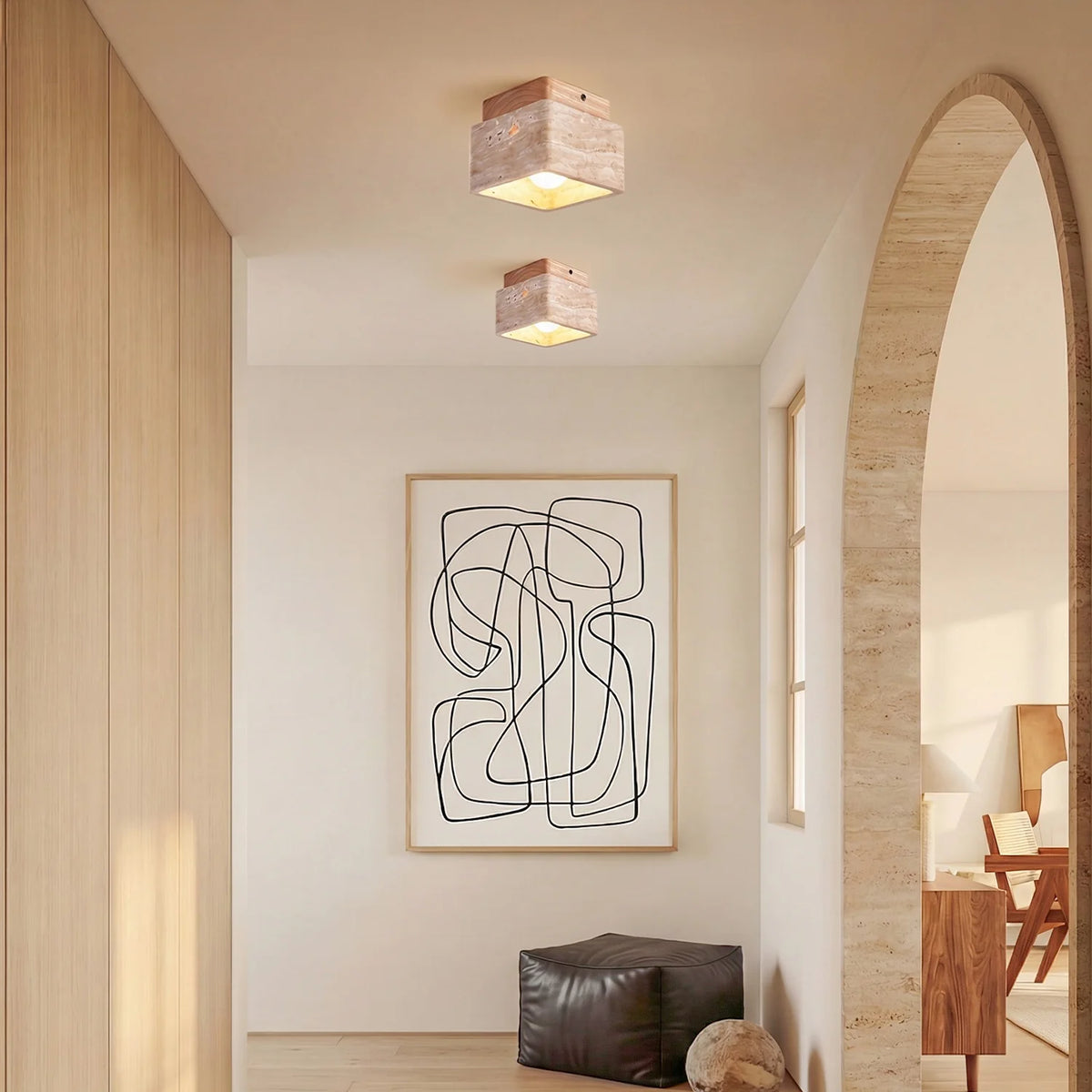 Kairi Square Travertine Stone 1-Light Flush Mount Ceiling Light 3