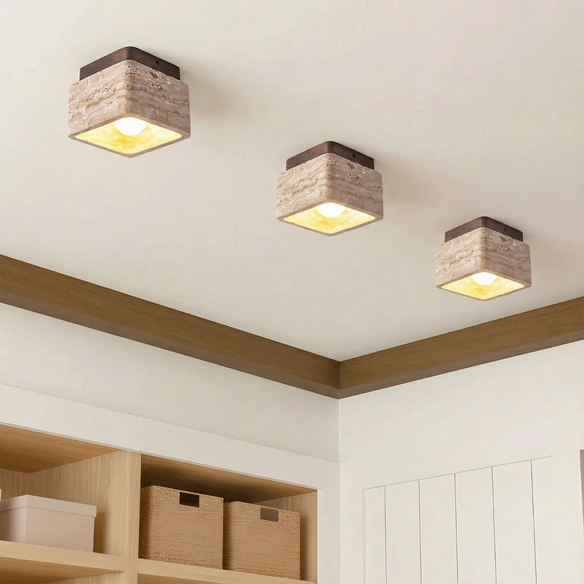 Kairi Square Travertine Stone 1-Light Flush Mount Ceiling Light 4