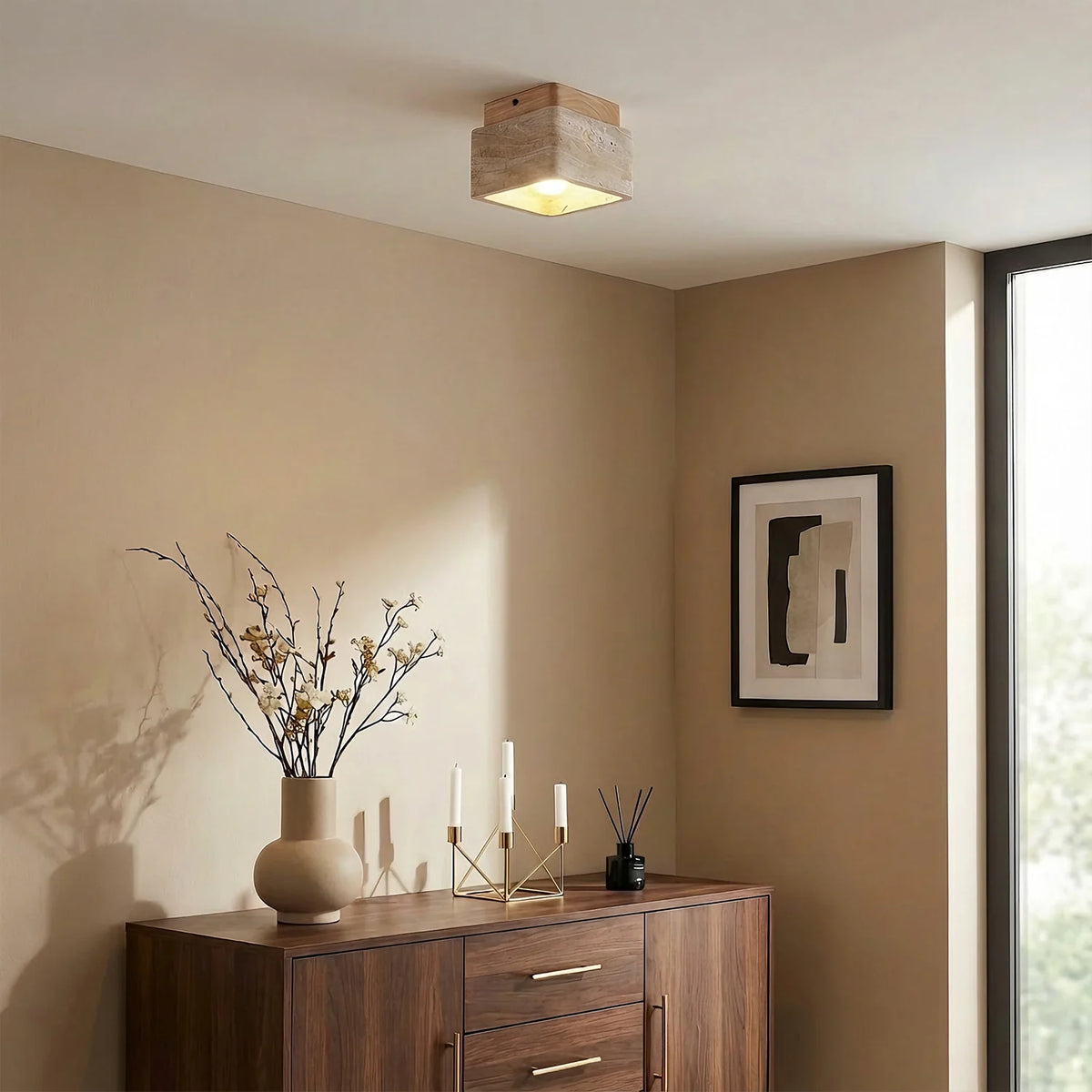 Kairi Square Travertine Stone 1-Light Flush Mount Ceiling Light 5