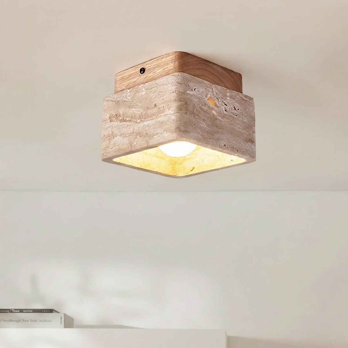 Kairi Square Travertine Stone 1-Light Flush Mount Ceiling Light 6