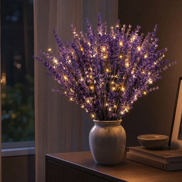 Verlicht lavendelboeket – kunstmatige paarse bloemen omwikkeld met warme lichtjes