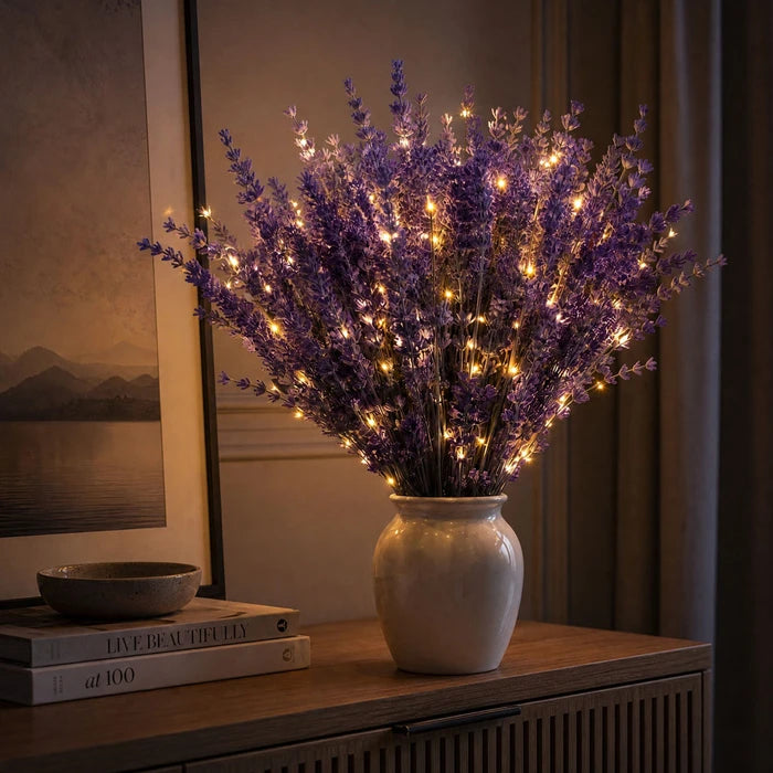 Verlicht lavendelboeket – kunstmatige paarse bloemen omwikkeld met warme lichtjes