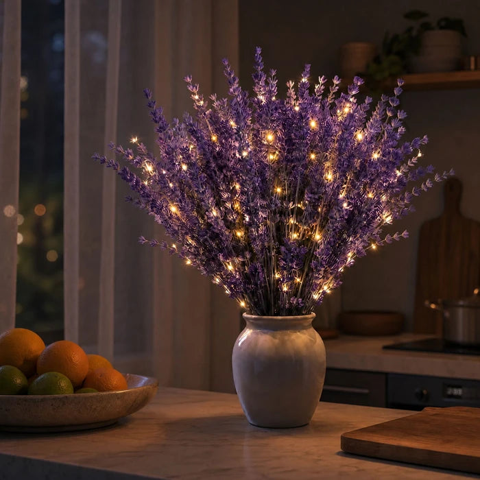 Verlicht lavendelboeket – kunstmatige paarse bloemen omwikkeld met warme lichtjes