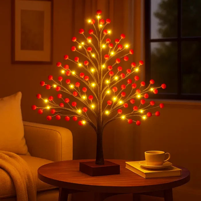 Tafelboomlamp met hulstbessen - takken vol bessen met warme sprookjeslichtjes