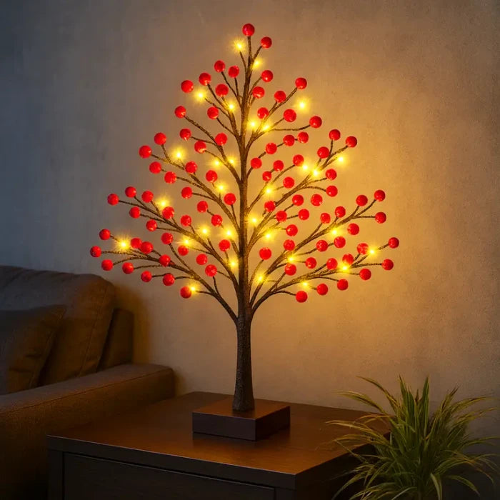 Tafelboomlamp met hulstbessen - takken vol bessen met warme sprookjeslichtjes