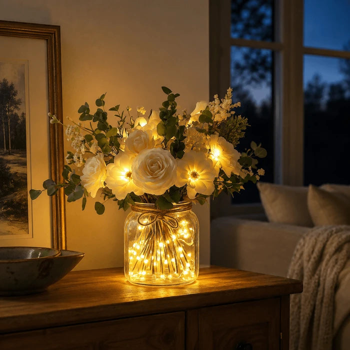 Verlichte bloemenpot – levensechte veldbloemen met warm ledlicht