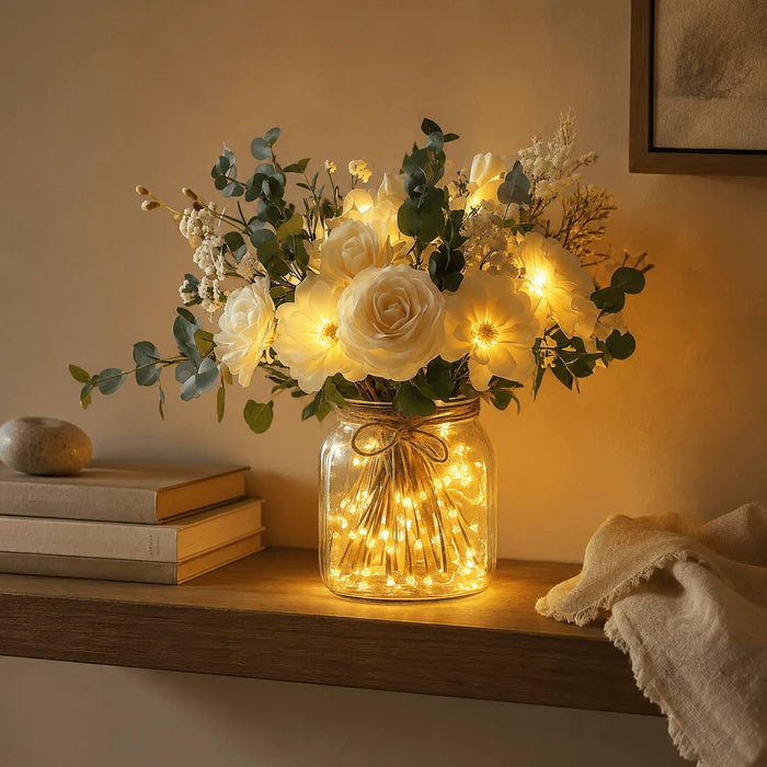 Verlichte bloemenpot – levensechte veldbloemen met warm ledlicht
