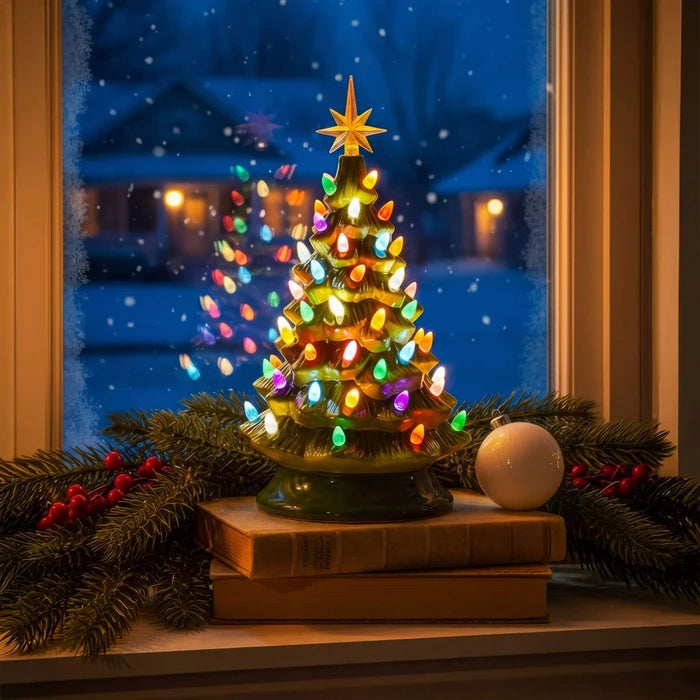 Vintage kerstboomlamp – gevormde groenblijvende boom met ster als piek en verlichting