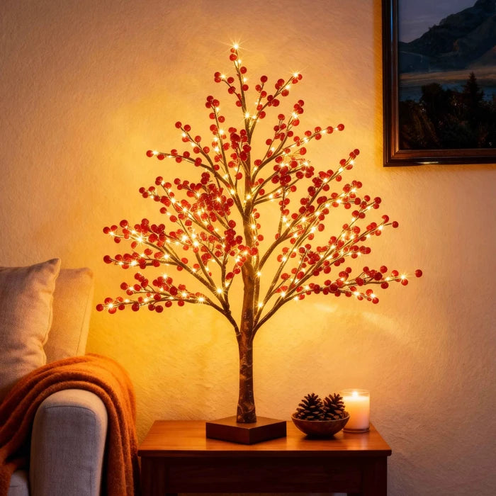 Rode bessenboomlamp - tafelmodel met levensechte bessentrossen en warm licht
