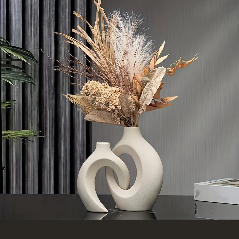 Modern Hollow Ceramic Vase Set with Sculptural Matte White Artistic Interior Design