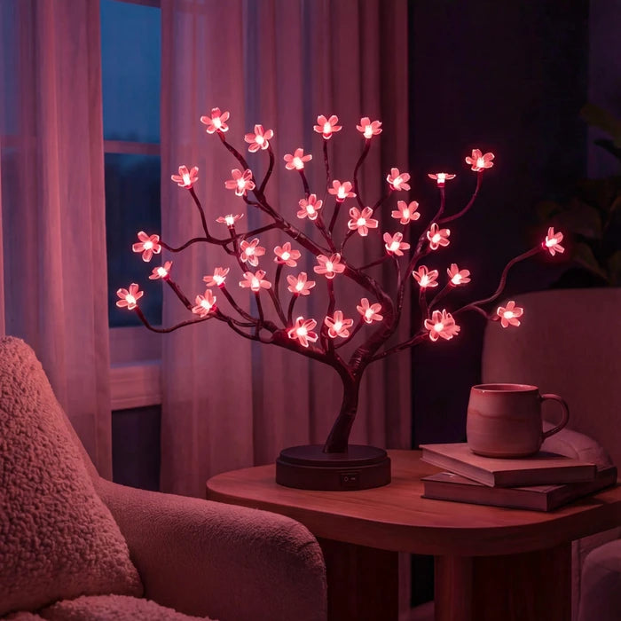 Kersenbloesemboomlamp voor op tafel - roze bloemenlichtjes aan gebogen takken