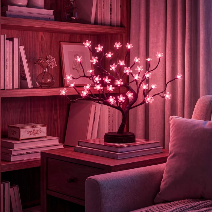 Kersenbloesemboomlamp voor op tafel - roze bloemenlichtjes aan gebogen takken