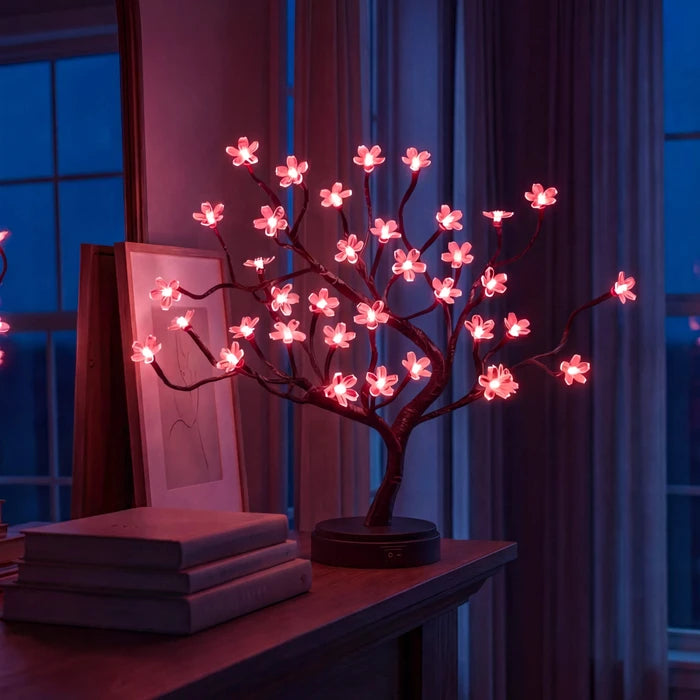 Kersenbloesemboomlamp voor op tafel - roze bloemenlichtjes aan gebogen takken